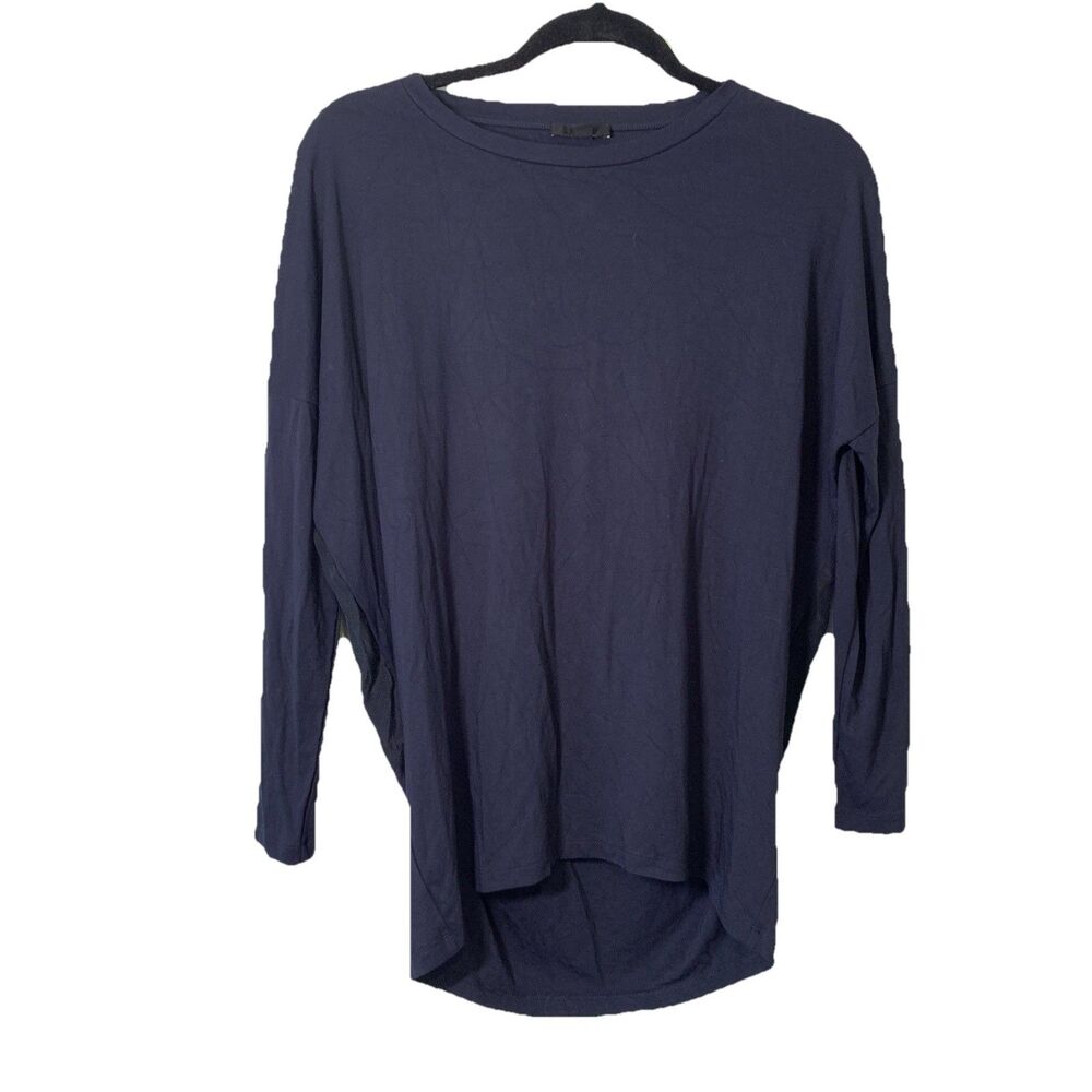 COS Womens XS Shirt Long Sleeve‎ Silk Panel Stretch Knit Navy & Black Hi Low